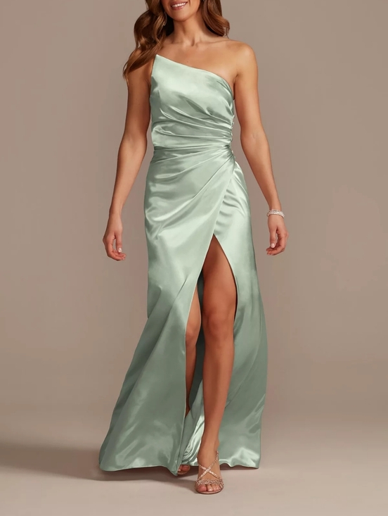 Galina Signature Dresses & Skirts - One-Shoulder Satin Evening Gown in Sage Green
